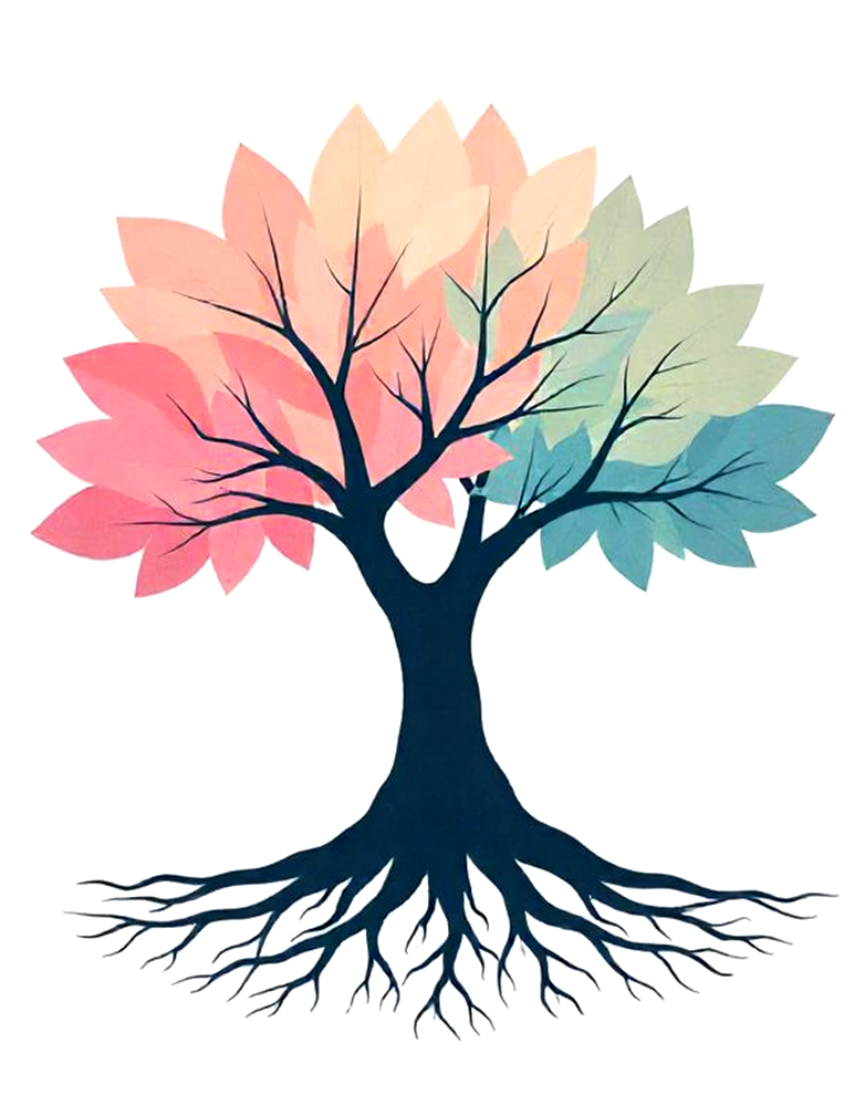 Illustration of a tree with multicolored leaves and deep roots, symbolizing inner growth, self-awareness, and personal transformation.