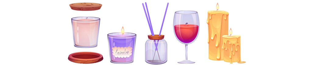 Illustration of aromatherapy candles, diffuser, and a glass of wine representing relaxation and self-care
