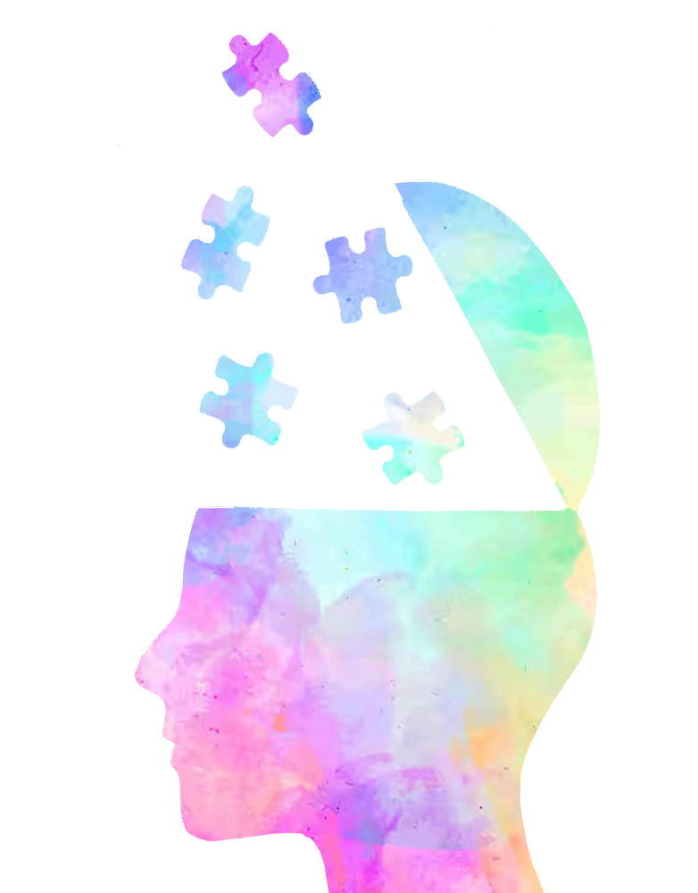 Watercolor illustration of a human head with puzzle pieces symbolizing mental wellness and psychological healing"
