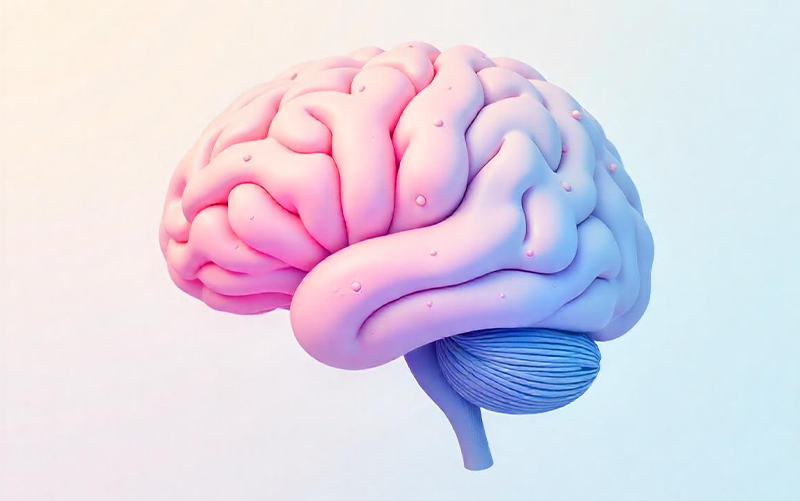3D illustration of a human brain in soft pink and purple tones, representing conscious thought, introspection, and self-awareness.