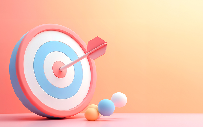 3D illustration of a bullseye target with an arrow hitting the center, symbolizing clear goals and focused vision